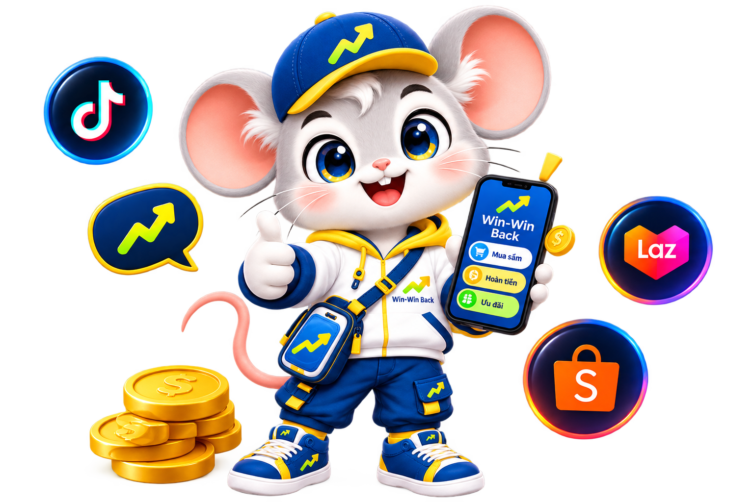 Linh vật Win-Win Back cầm điện thoại với TikTok, Shopee